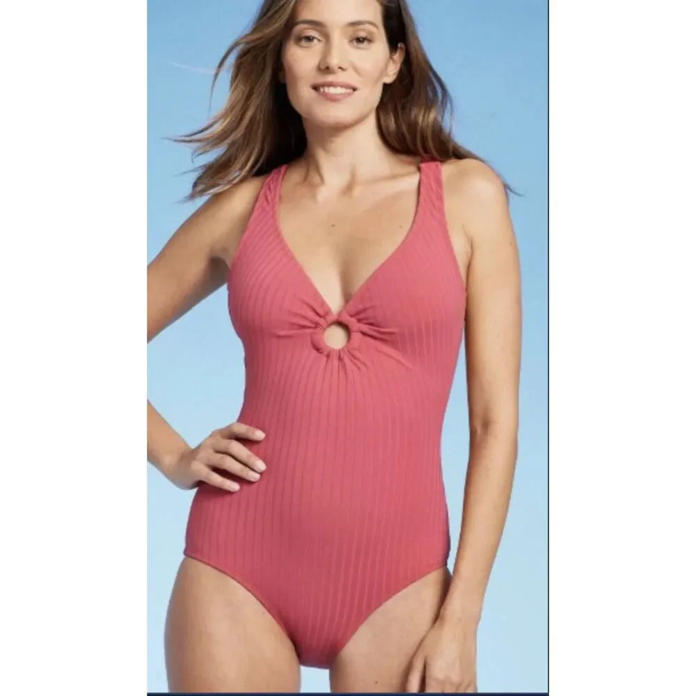 Kona Sol Women's Wide Ribbed Ring Medium Coverage One Piece Swimsuit Pink L